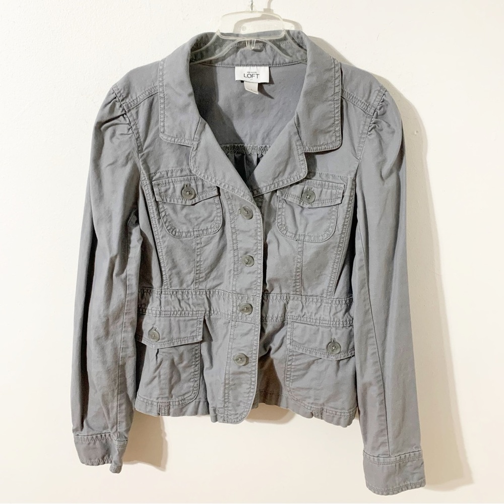 Ann Taylor LOFT Button Front Cotton Jacket Pockets Long Sleeves Puffed Shoulders - Picture 3 of 12
